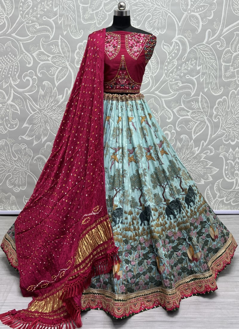 Exclusive Print and Beautiful sober Embroidered Lacework Lehengacholi with Pure Bandhani Dupatta Aqua