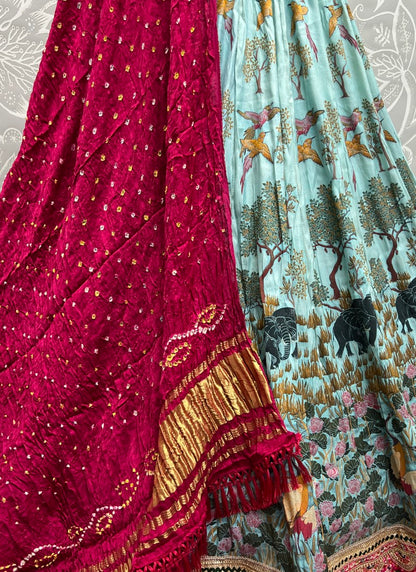 Exclusive Print and Beautiful sober Embroidered Lacework Lehengacholi with Pure Bandhani Dupatta Aqua