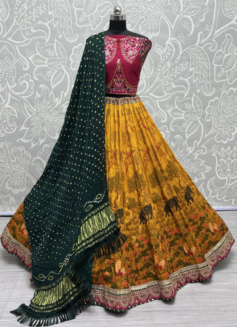 Exclusive Print and Beautiful sober Embroidered Lacework Lehengacholi with Pure Bandhani Dupatta