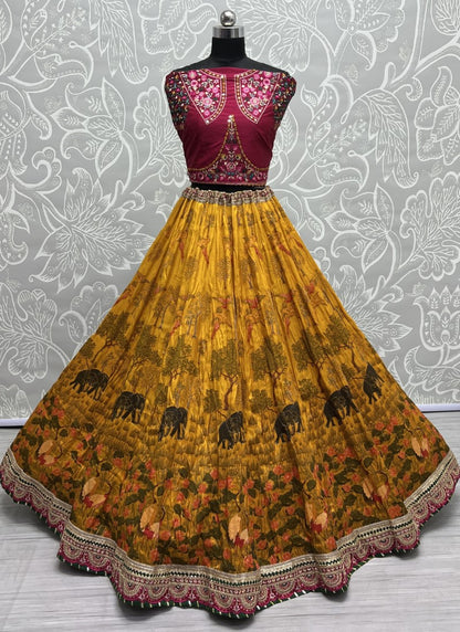 Exclusive Print and Beautiful sober Embroidered Lacework Lehengacholi with Pure Bandhani Dupatta