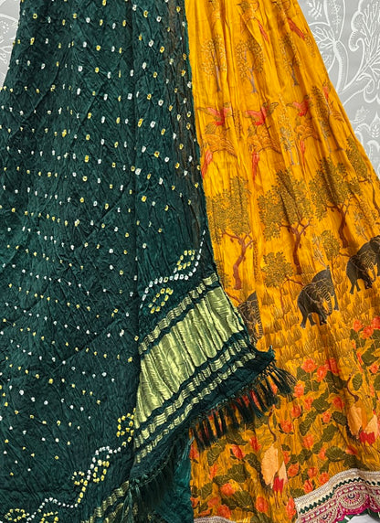 Exclusive Print and Beautiful sober Embroidered Lacework Lehengacholi with Pure Bandhani Dupatta