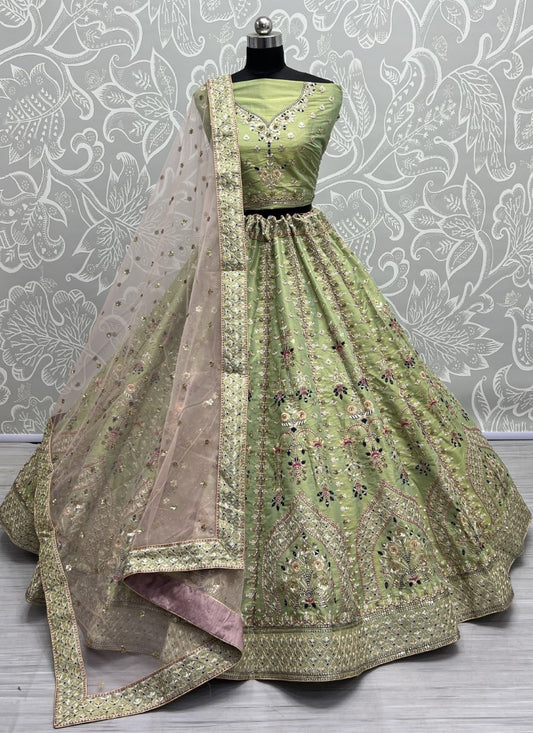 Perfect Partywear Cadbury Silk Dori and Sequince embroidered Lehenga Choli Lite Green