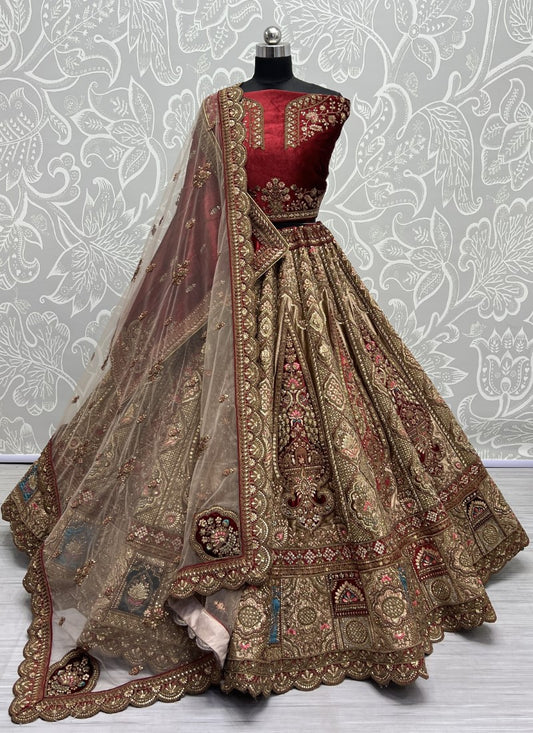 Neatly Crafted 5mm and 3mm Sequence work Beautifully Designed Bridal Lehengacholi with double dupatta Chicku