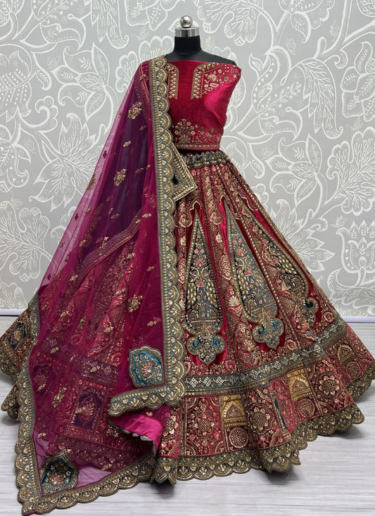 Neatly Crafted 5mm and 3mm Sequence work Beautifully Designed Bridal Lehengacholi with double dupatta Pink