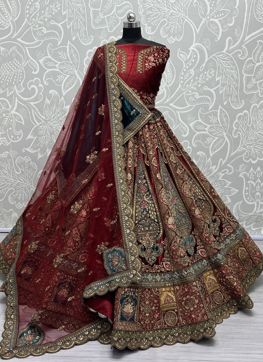 Neatly Crafted 5mm and 3mm Sequence work Beautifully Designed Bridal Lehengacholi with double dupatta Marron