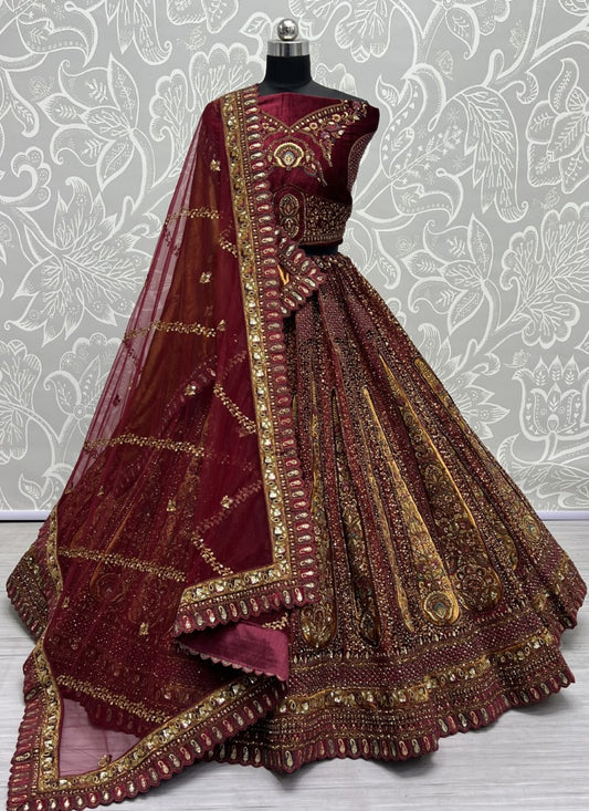 Double Dupatta Fancy Patch Attached Bridal Lehengacholi Mustard