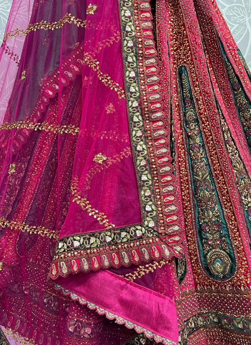 Double Dupatta Fancy Patch Attached Bridal Lehengacholi Pink