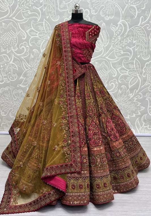 Fabulous Matching Pink Thread Embroidered Crafted Designer six meter flair Bridal Lehengacholi