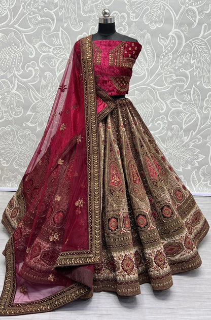 Featuristic Heavy Embroidery with Velvet Path work bridal Lehengacholi in Rani