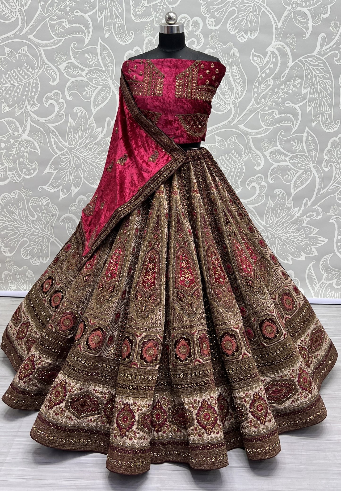 Featuristic Heavy Embroidery with Velvet Path work bridal Lehengacholi in Rani