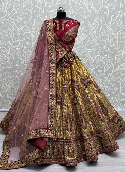 Exquisite Embroidery Velvet Patch work and sequence crafted 5 meter flair Lehengacholi Mustard