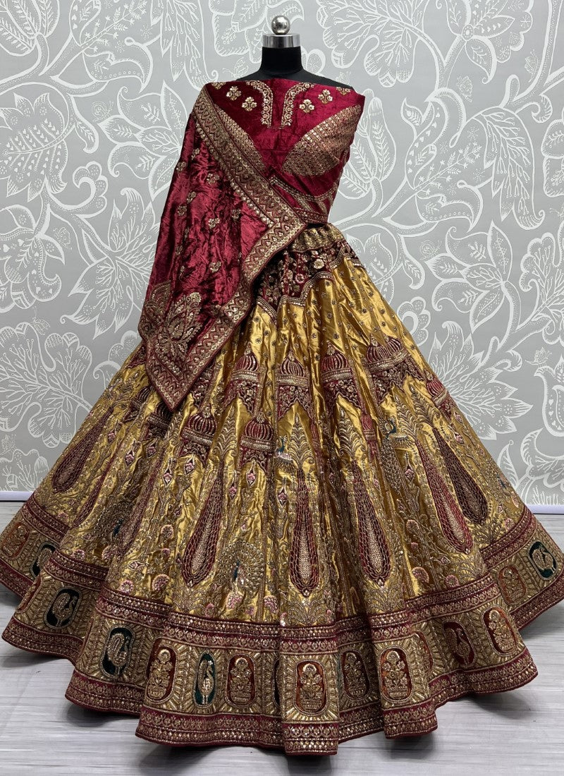 Exquisite Embroidery Velvet Patch work and sequence crafted 5 meter flair Lehengacholi Mustard