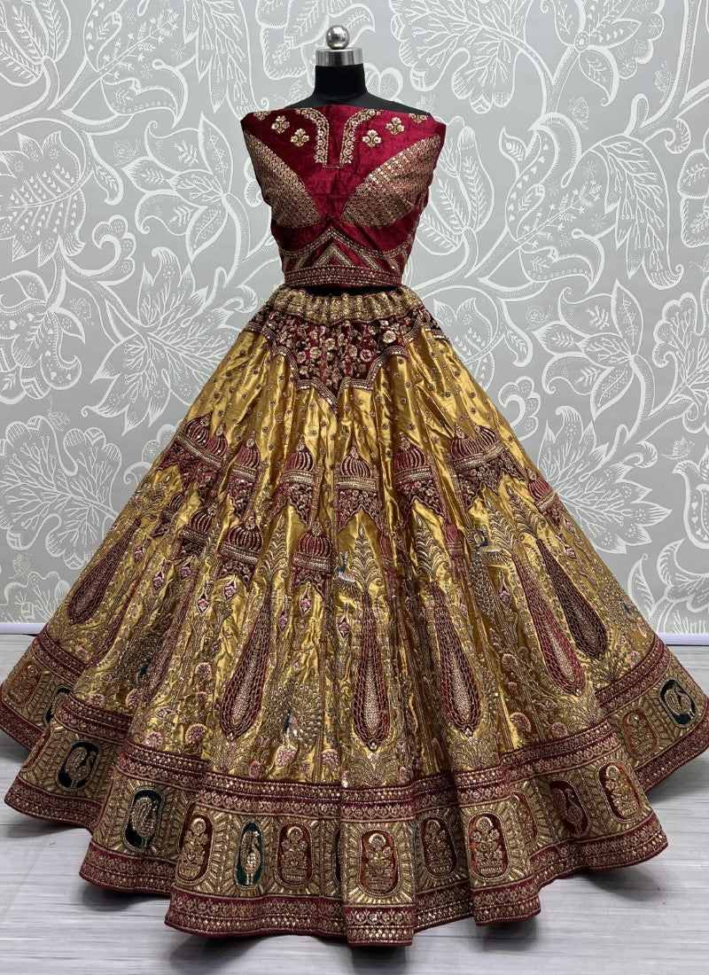 Exquisite Embroidery Velvet Patch work and sequence crafted 5 meter flair Lehengacholi Mustard