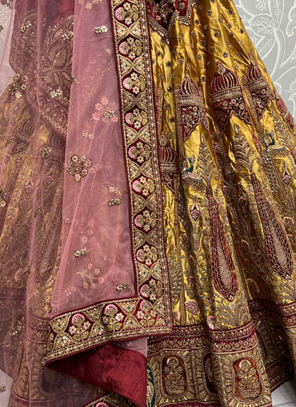 Exquisite Embroidery Velvet Patch work and sequence crafted 5 meter flair Lehengacholi Mustard