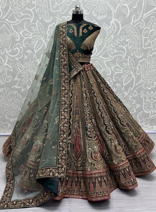 Meticulously prepared Hand mirror crafted Designer Bridal Lehengacholi