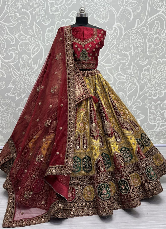 Splendid Banarasi Silk crafted In various color velvet patch work Perfect Reception Lehengacholi