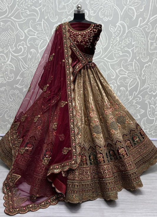 Remarkable design in various Zari and flower thread work combine Velvet patch work Lehenga choli Chicku