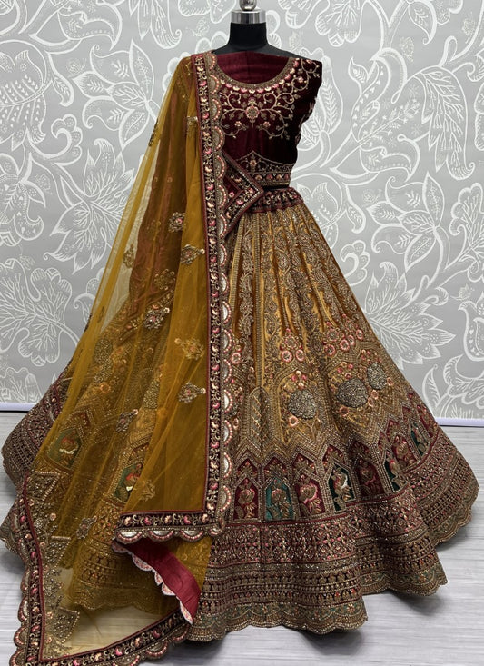 Remarkable design in various Zari and flower thread work combine Velvet patch work Lehenga choli Mustard