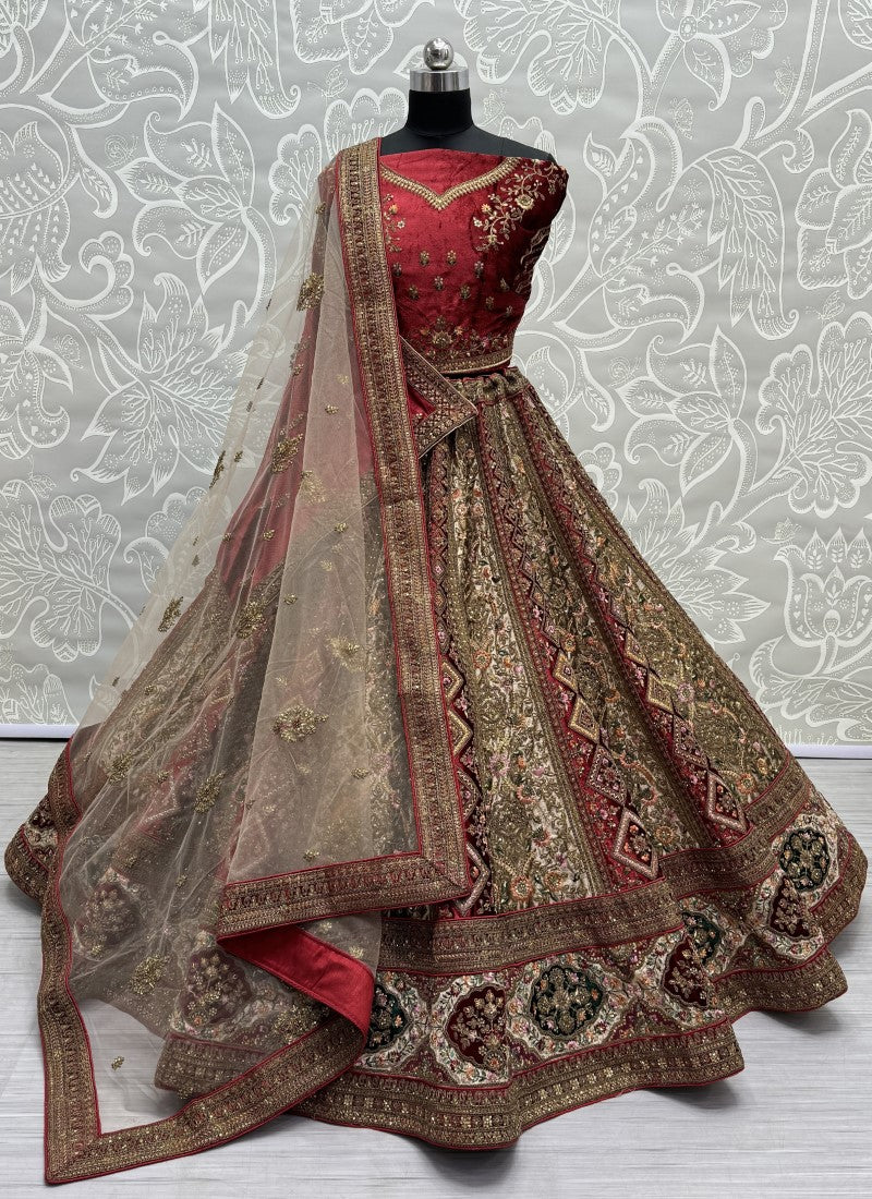 Alternate Red Velvet Kali work and Fancy embroidered Lehenga choli with double dupatta