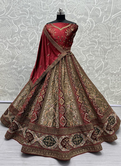 Alternate Red Velvet Kali work and Fancy embroidered Lehenga choli with double dupatta