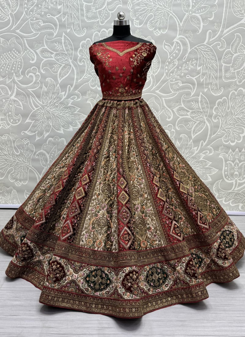 Alternate Red Velvet Kali work and Fancy embroidered Lehenga choli with double dupatta