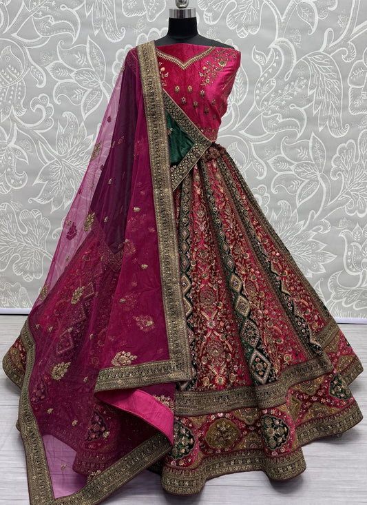 Alternate Rani Pink Velvet Kali work and Fancy embroidered Lehenga choli with double dupatta