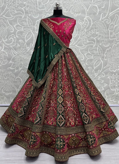 Alternate Rani Pink Velvet Kali work and Fancy embroidered Lehenga choli with double dupatta
