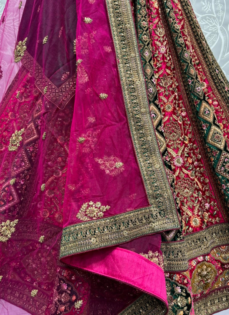 Alternate Rani Pink Velvet Kali work and Fancy embroidered Lehenga choli with double dupatta