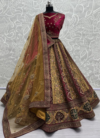 Alternate Mustard Velvet Kali work and Fancy embroidered Lehenga choli with double dupatta