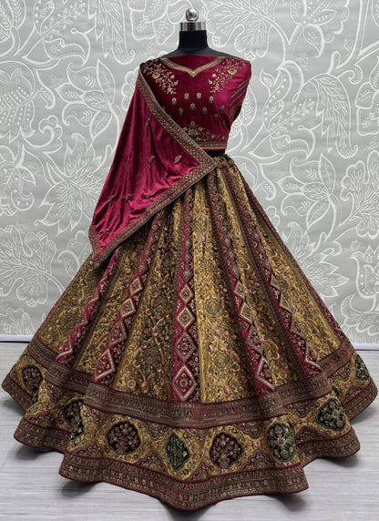 Alternate Mustard Velvet Kali work and Fancy embroidered Lehenga choli with double dupatta