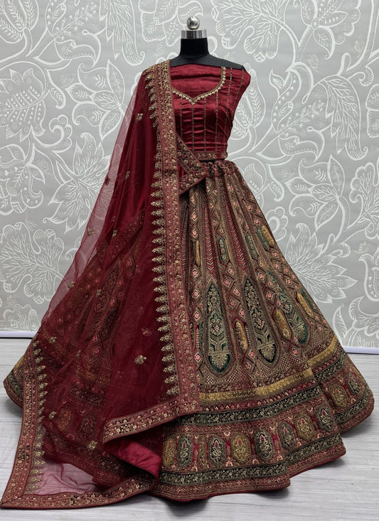 Designed Embroidered Patch and Multi thread work Lehengacholi in Maroon