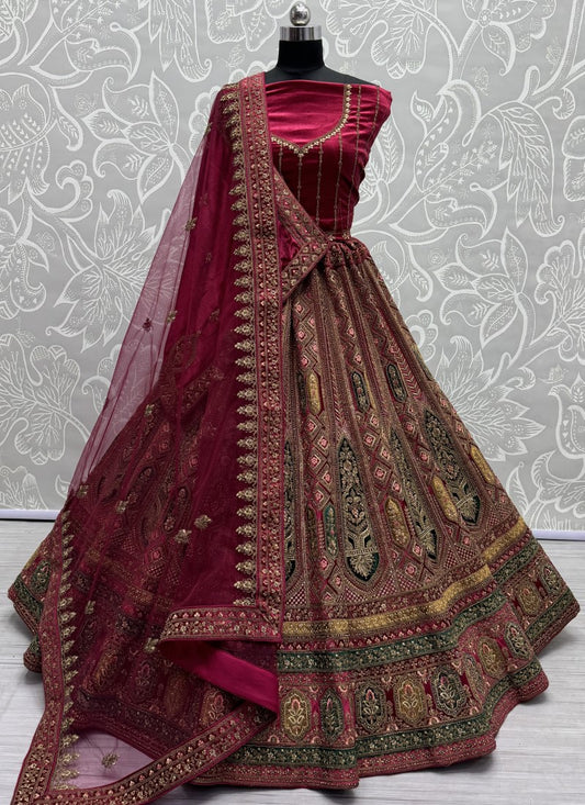 Designed Embroidered Patch and Multi thread work Lehengacholi in Raspberry