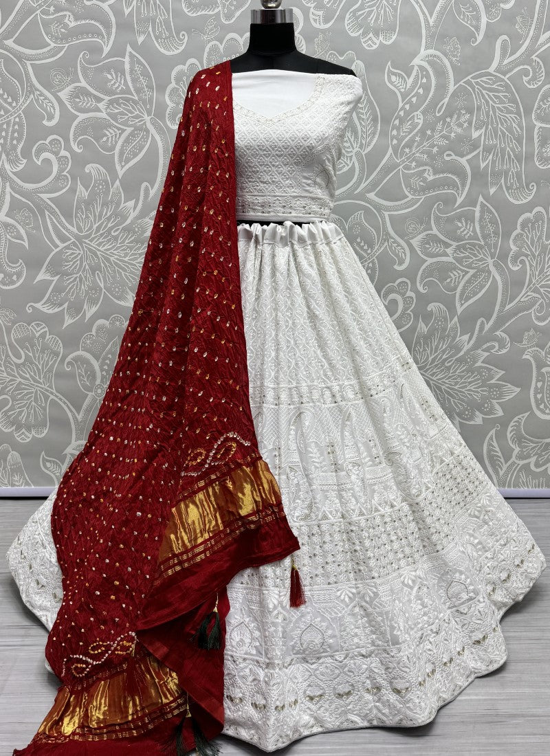 Georgette fabric cotton thread work Lehengacholi in White with pure Bandhani dupatta