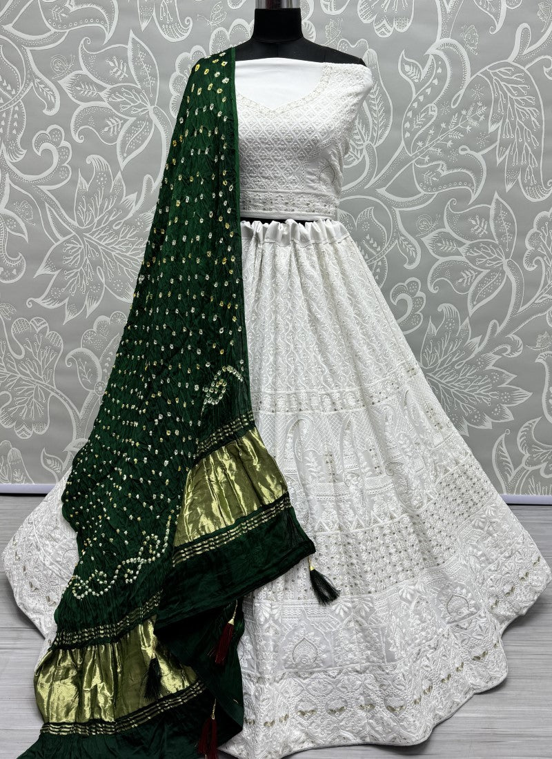 Georgette fabric cotton thread work Lehengacholi with pure Bandhani Green dupatta