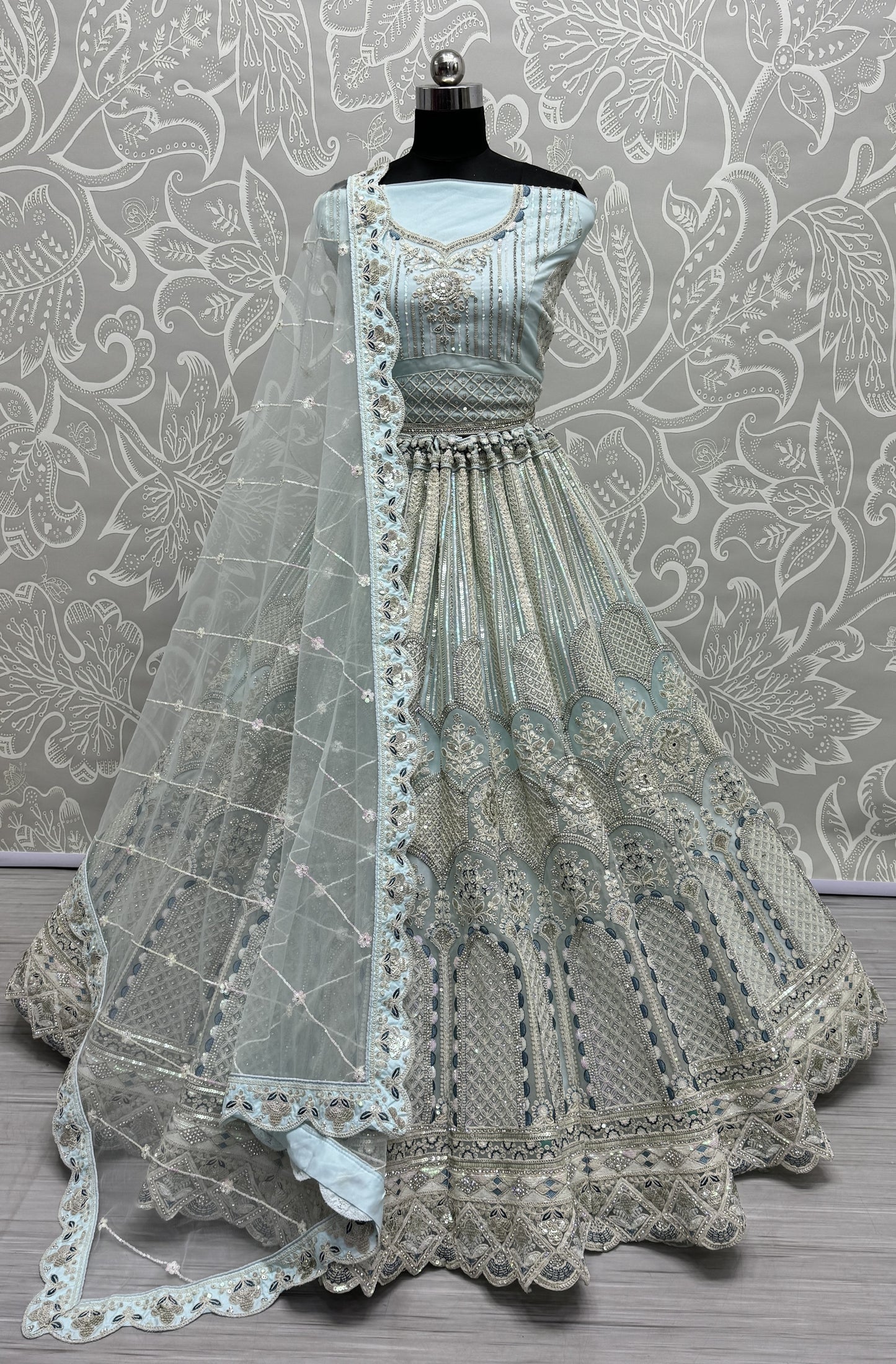 Designer Embroidered in various sequins and dori work Partywear Lehenga choli in Sky Blue