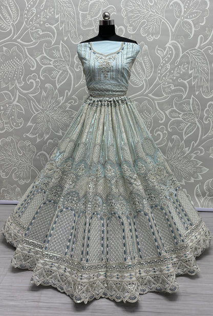 Designer Embroidered in various sequins and dori work Partywear Lehenga choli in Sky Blue