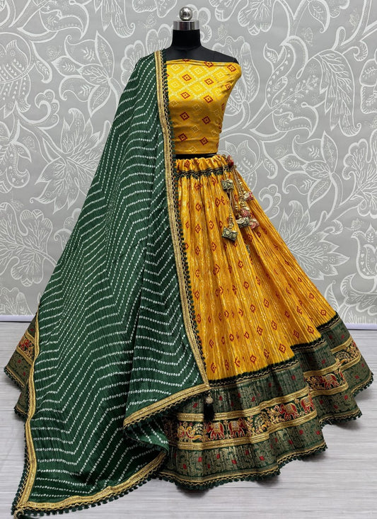 Haldi function special Lehengacholi Bandhani print dupatta with beautiful Latkan