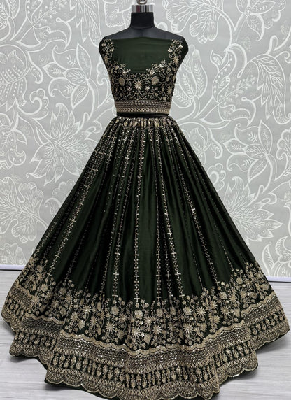 Fancy Zari embroidered in flower pattern with sequins Designer Lehenga choli in Mehendi