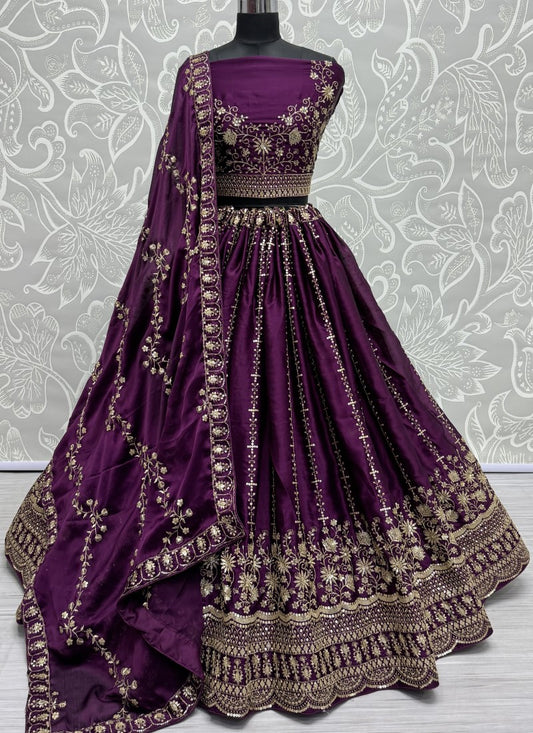 Fancy Zari embroidered in flower pattern with sequins Designer Lehenga choli in Purple