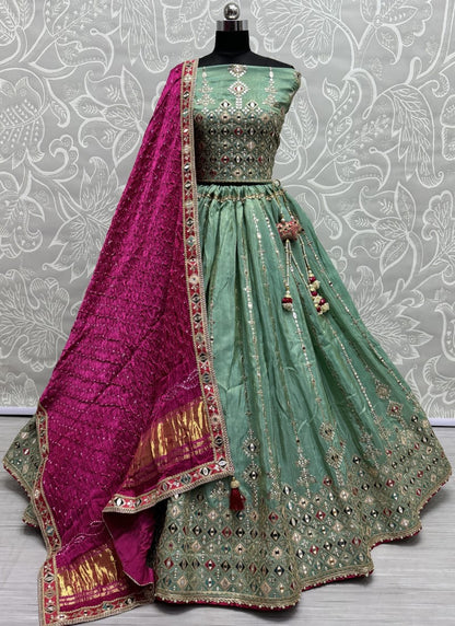 Pure Bandhej Dupatta Handcrafted Mirror work designer Lehengacholi in Pista