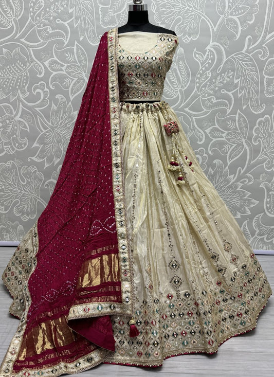 Pure Bandhej Dupatta Handcrafted Mirror work designer Lehengacholi in Beige