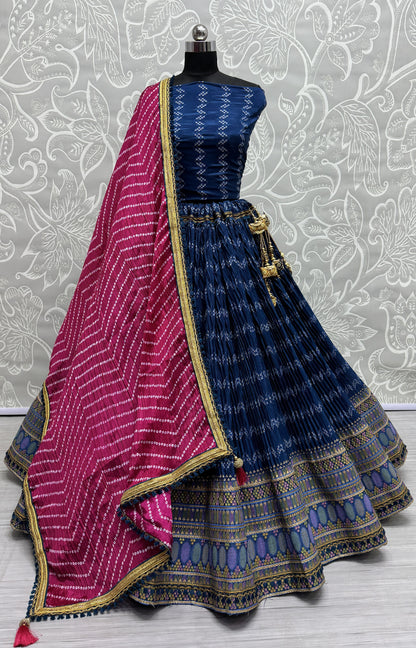 Crush Mill Printed with Beautiful Latkan Low Weight Lehengacholi in Blue