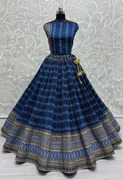 Crush Mill Printed with Beautiful Latkan Low Weight Lehengacholi in Blue