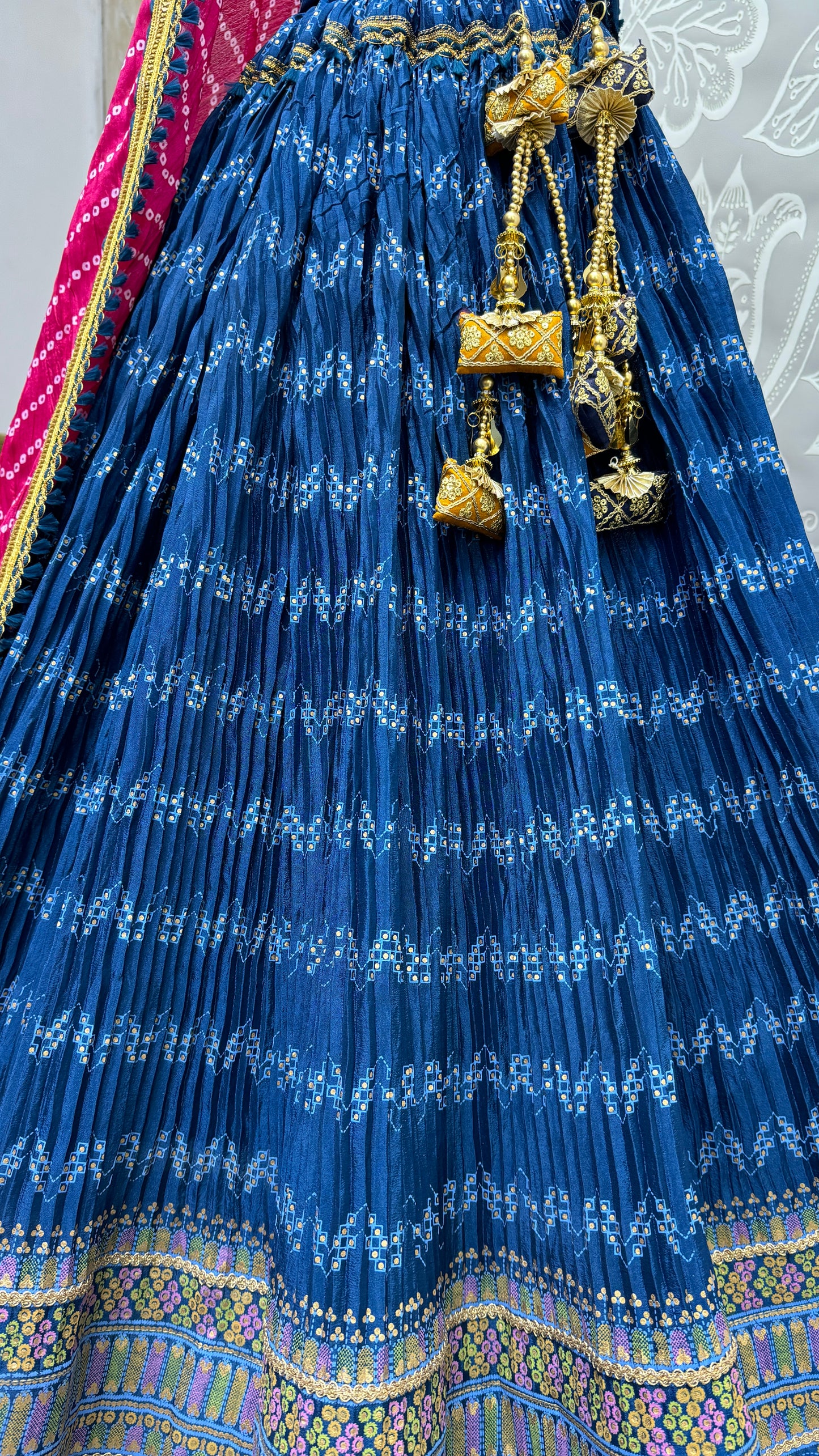 Crush Mill Printed with Beautiful Latkan Low Weight Lehengacholi in Blue