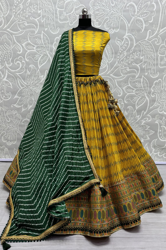 Crush Mill Printed with Beautiful Latkan Low Weight Lehengacholi in Yellow