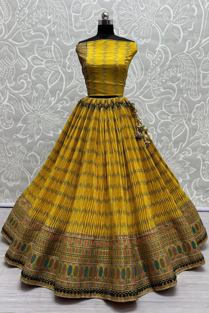 Crush Mill Printed with Beautiful Latkan Low Weight Lehengacholi in Yellow