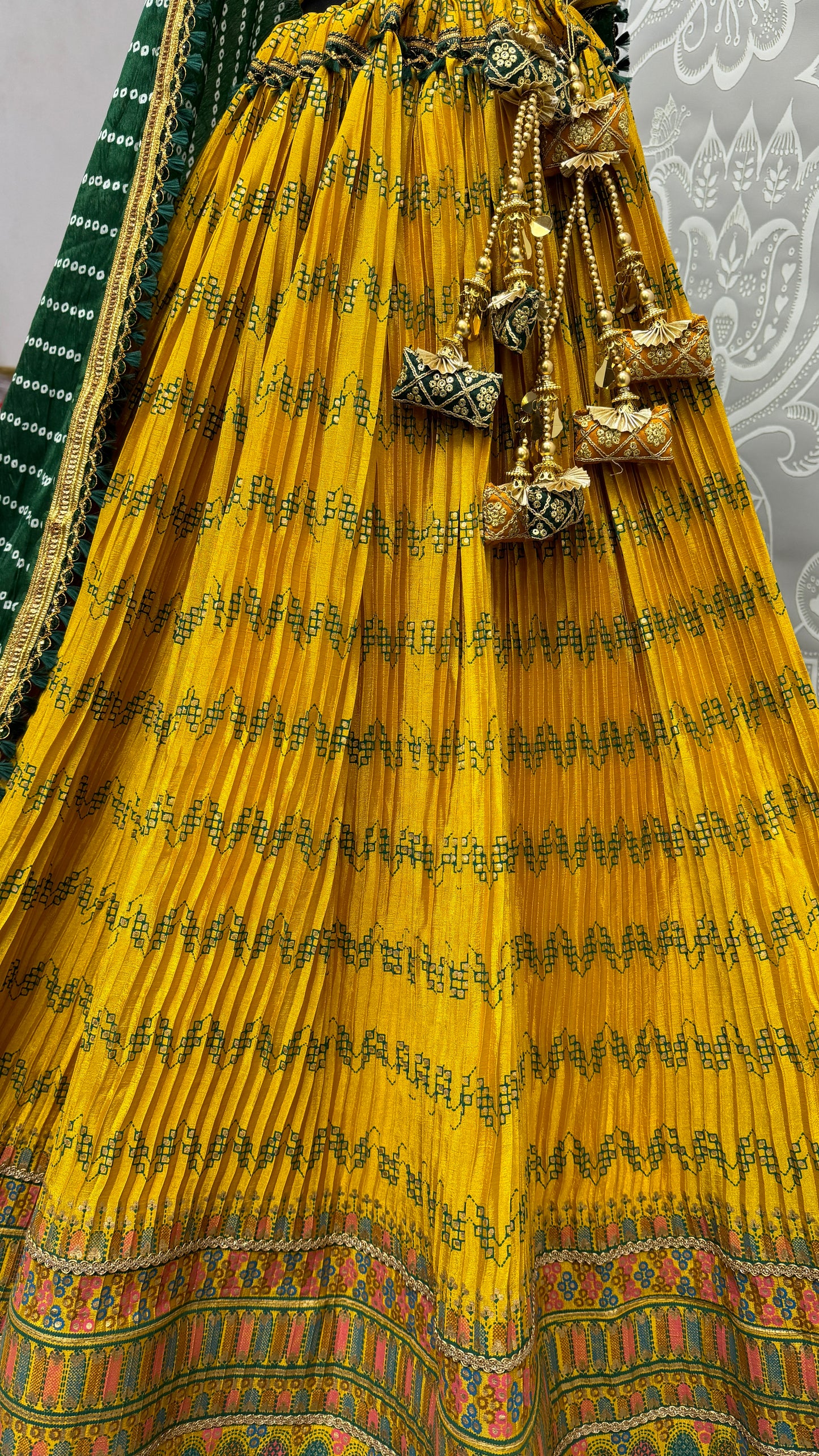 Crush Mill Printed with Beautiful Latkan Low Weight Lehengacholi in Yellow