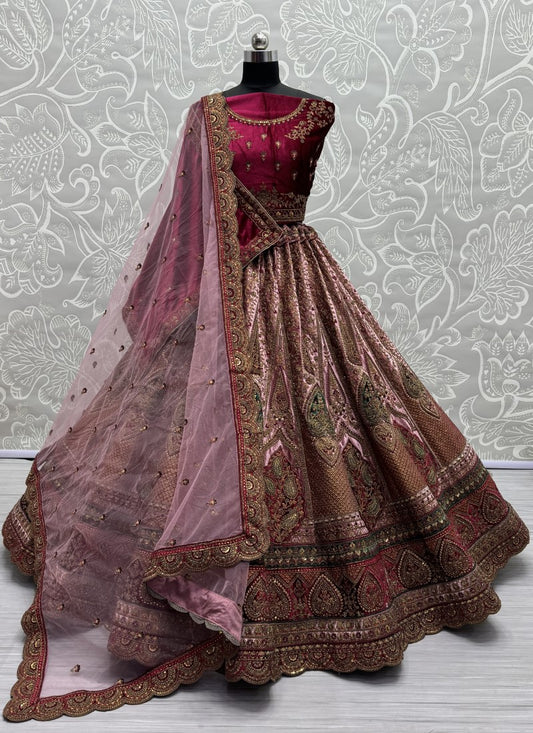 Perfectly Embroidered Velvet Patch work combine bridal Pink Lehengacholi with double dupatta