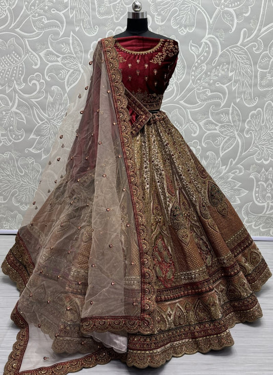 Perfectly Embroidered Velvet Patch work combine bridal Chicku Lehengacholi with double dupatta