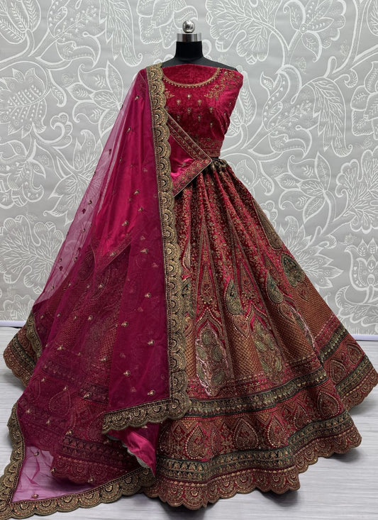 Perfectly Embroidered Velvet Patch work combine bridal Rani Lehengacholi with double dupatta